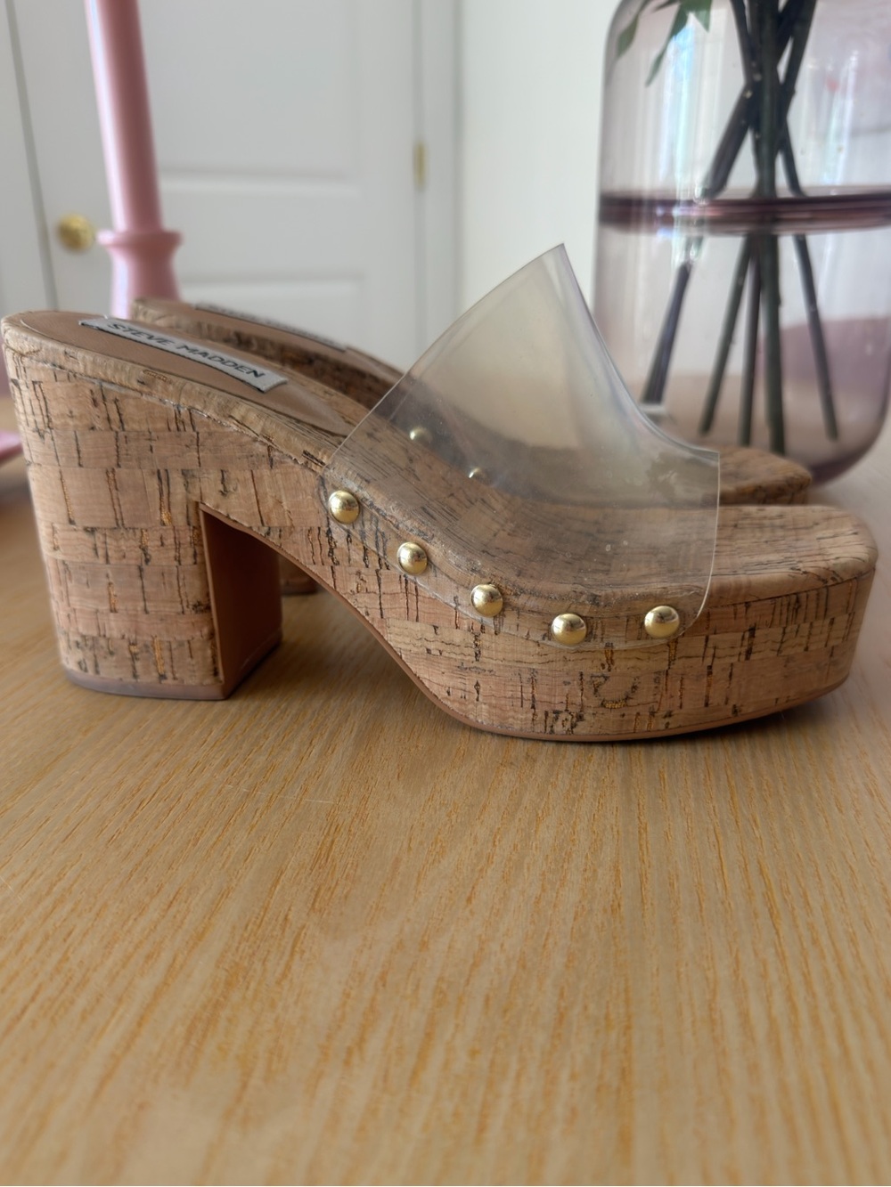 Steve Madden Clear Cork Platform Mules - Clear/Beige